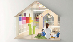 Blick von der Magistrale in das betreute Spielzimmer im REN-Cluster